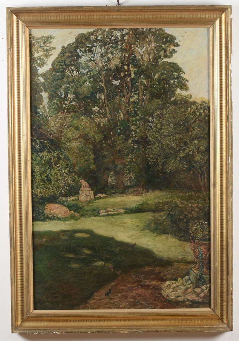 Paesaggio con cortile a firma Gourney  - Auction Furnishings from the mansions of the Ercole Marelli heirs and other property - Cambi Casa d'Aste