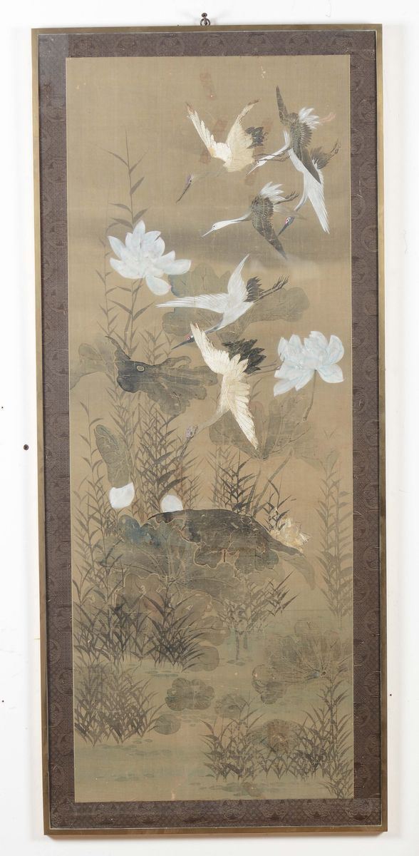 Coppia di dipinti su carta raffiguranti anatre e gru, Cina, Dinastia Qing, fine XIX secolo
