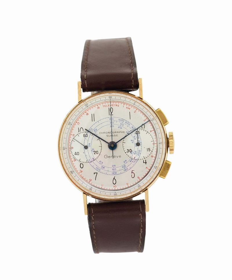 Chronographe Suisse, case No. 450003, 18K yellow gold chronograph wristwatch with rectangular chronograph buttons. Made in the 1960's.  - Auction Watches and Pocket Watches - Cambi Casa d'Aste