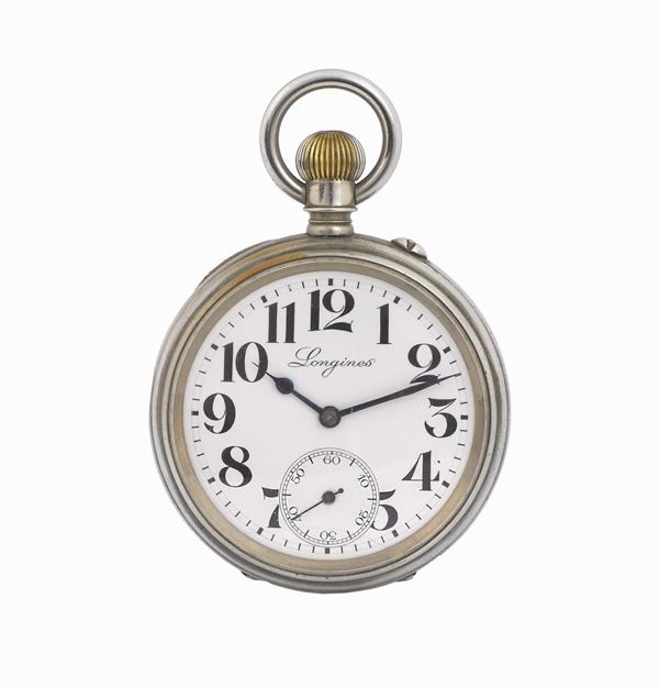 Longines, case no. 1510118, stainless steel pocket watch. Made circa 1900.
