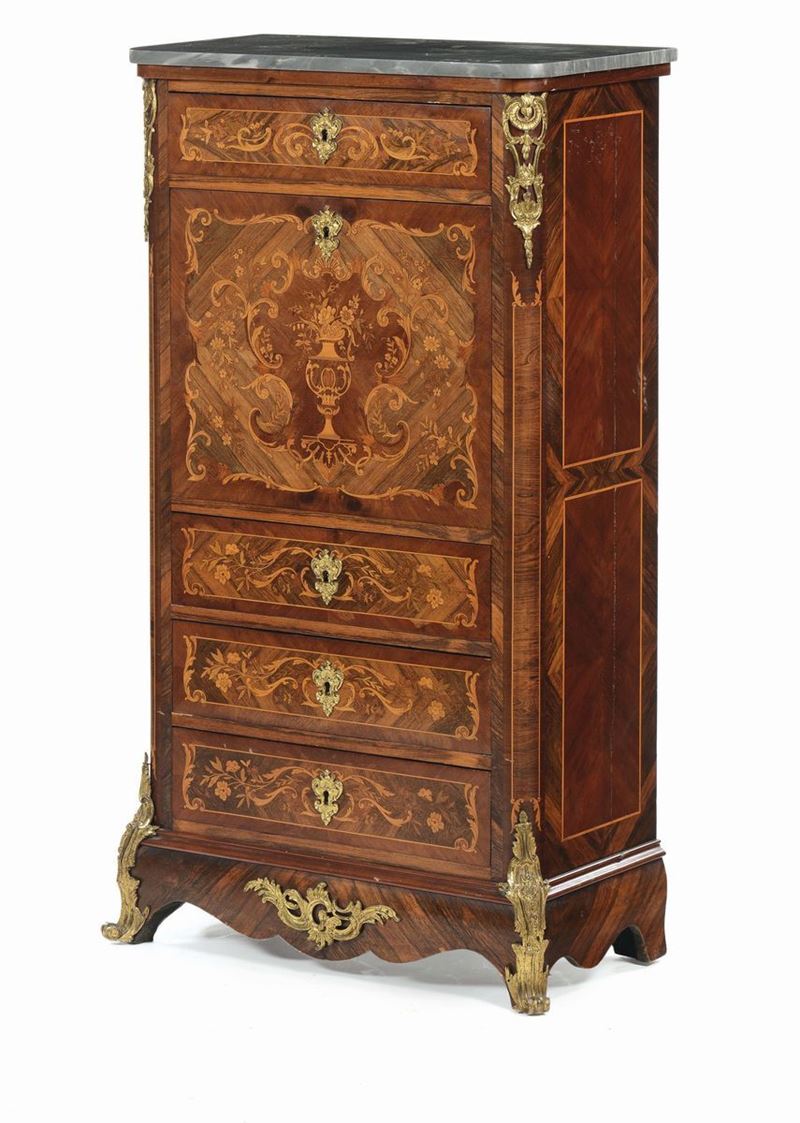 Secretaire interamente lastronato ed intarsiato in essenze varie, XIX secolo  - Auction Furnishings from the mansions of the Ercole Marelli heirs and other property - Cambi Casa d'Aste