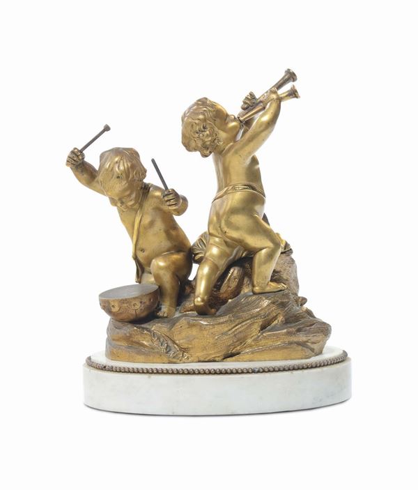 Gruppo in bronzo dorato con putti suonatori, XIX secolo