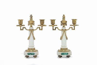 Coppia di Candelabri Napoleone III in Marmo e Bronzo Dorato a Due Luci, XIX Secolo