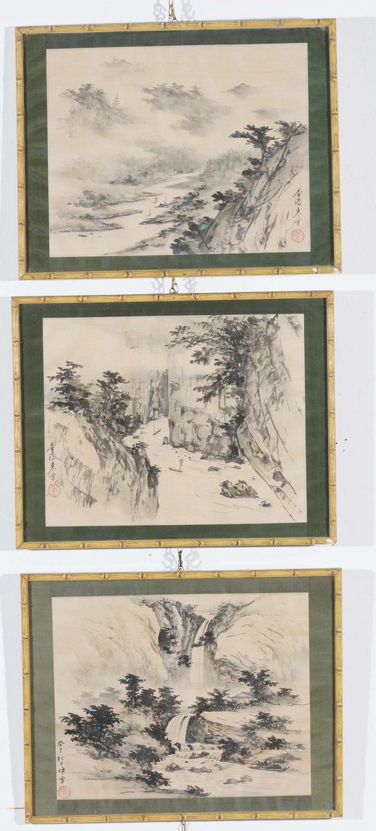 Lotto di tre dipinti su carta raffiguranti paesaggi fluviali con iscrizioni, Cina, XX secolo