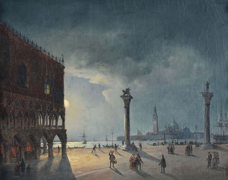 Carlo Grubacs (1810-1870), attribuito a Notturno con veduta di Piazza San Marco  - Asta Dipinti del XIX e XX secolo - Cambi Casa d'Aste