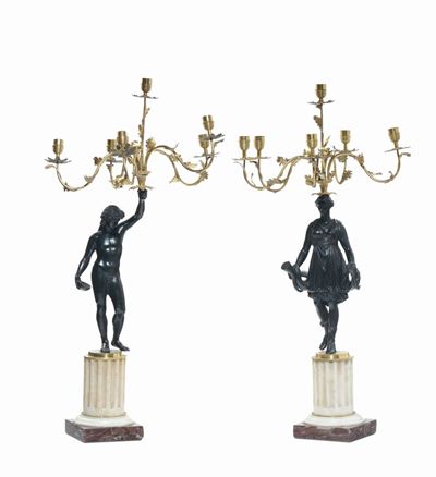 Coppia di Candelabri in Bronzo Brunito e Dorato, Roma XIX Secolo