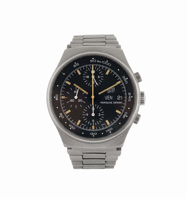 Porsche Design, Swiss, by Orfina, case No. 30569Made in the 1980s. Fine, self-winding, water-resistant, stainless steel wristwatch with day/date, round button chronograph, registers, tachometer  with  a stainless steel bracelet.