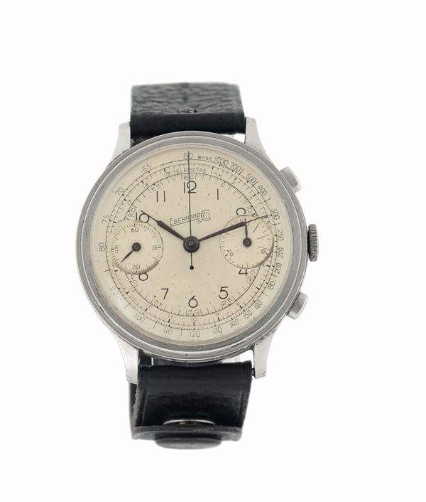 Eberhard,Extra Fort, case No. 1005299, movement No.25259., stainless steel chronograph wristwatch with tachometer and telemetre scale. Made in 1950.