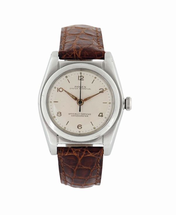 ROLEX, Ovetto, Oyster Perpetual, Officially certified Chronometer, Ref.2940, cassa No. 394979, orologio da polso, in acciaio, automatico con fibbia originale Rolex. Realizzato nel 1940.