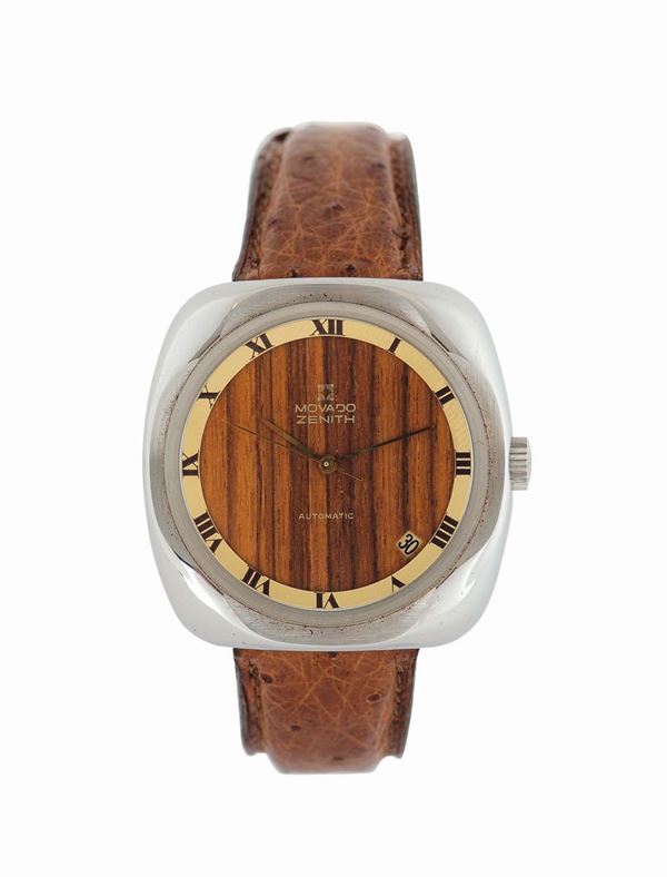 Movado, Zenith, stainless steel, automatic wristwatch with date and a wooden dial. made in the 1970's.