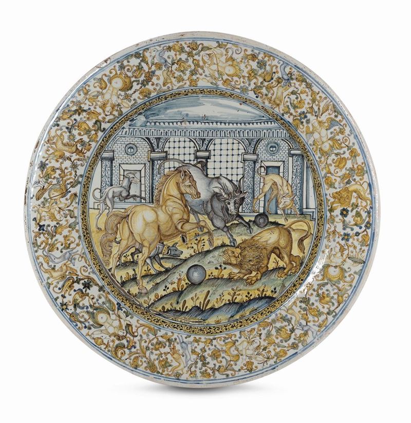 Piatto da pompa Castelli, Francesco Angelo Grue e bottega, 1640-1645  - Asta Maioliche e Porcellane da Collezione - Cambi Casa d'Aste