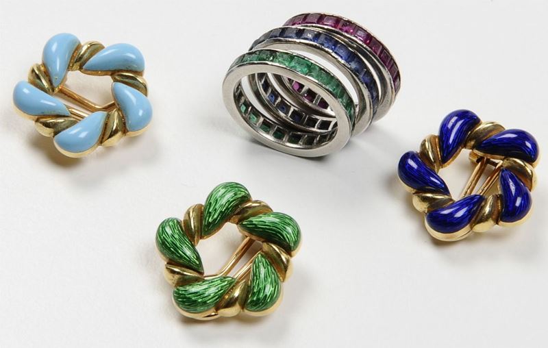 A three line rings and three pair of enamel earrings  - Auction Fine Art - Cambi Casa d'Aste