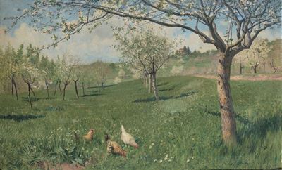 Carlo Pollonera (1849-1923)paesaggio con Galline