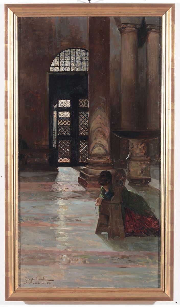 Giorgio Canella (XIX secolo) Interno di chiesa con figura, 1886  - Asta Dipinti del XIX e XX secolo - Cambi Casa d'Aste