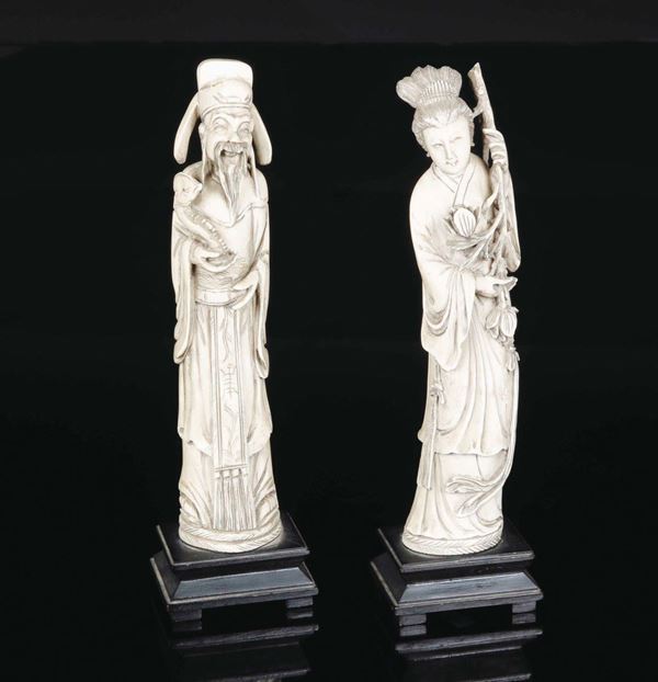 A pair of carved ivory figures, dignitary and Guanyin, China, early 20th century