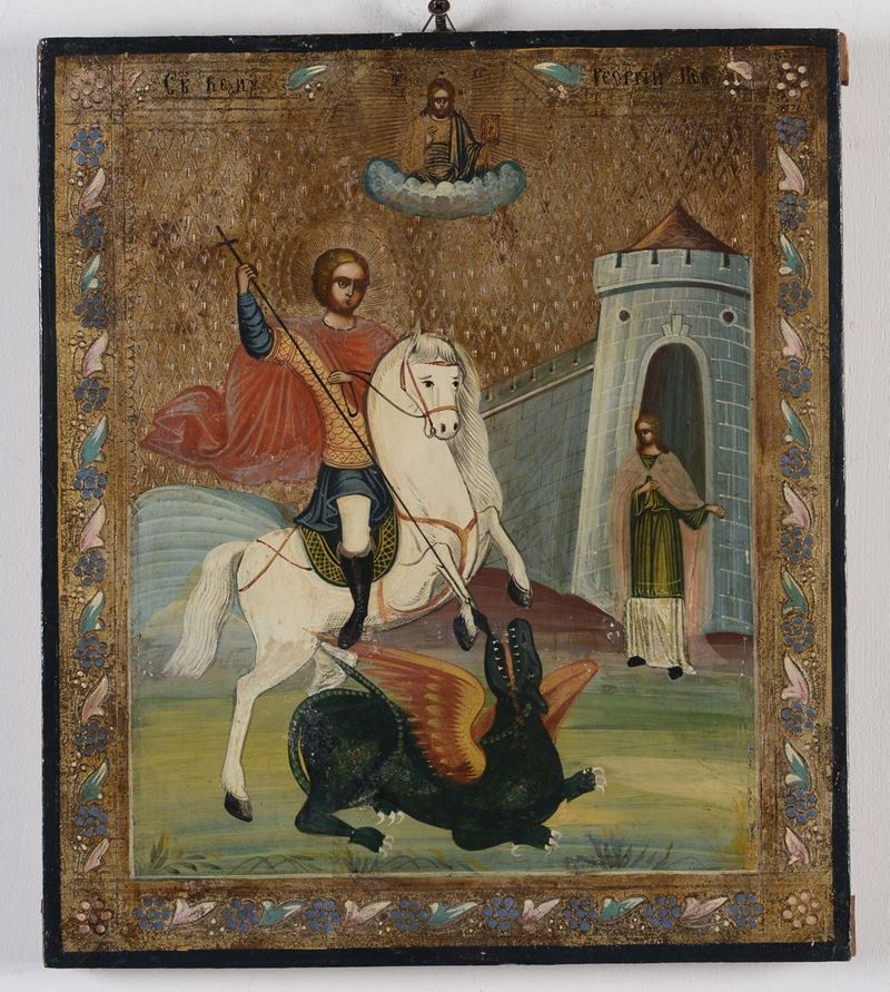 Icona raffigurante San Giorgio, XIX secolo  - Asta Arredi dalle dimore degli eredi Ercole Marelli e altre provenienze - Cambi Casa d'Aste