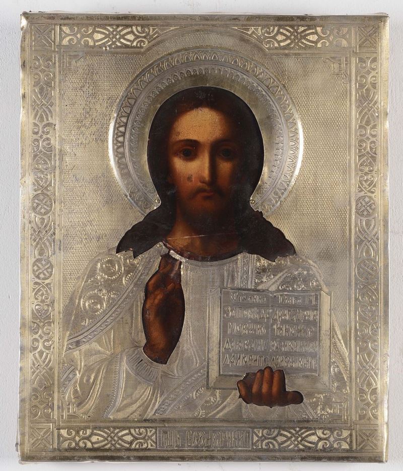 Icona raffigurante Cristo pantocratore, con lamina in argento, punzone 1889  - Asta Arredi dalle dimore degli eredi Ercole Marelli e altre provenienze - Cambi Casa d'Aste