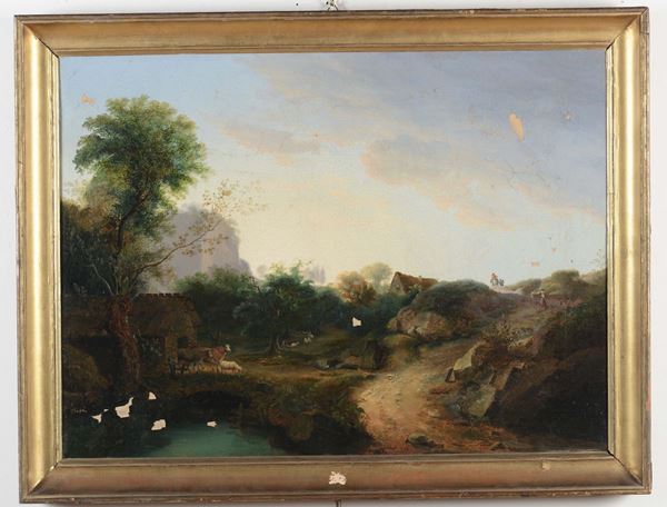 Scuola lombarda del XIX secolo Paesaggio con fiume e armenti