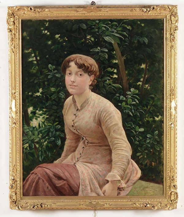 Scuola francese del XIX secolo Ritratto di fanciulla nel verde, 1885