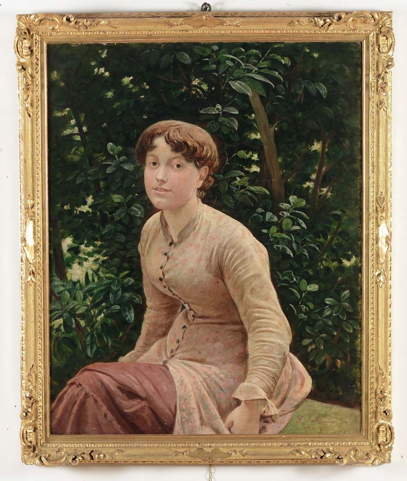 Scuola francese del XIX secolo Ritratto di fanciulla nel verde, 1885  - Asta Arredi dalle dimore degli eredi Ercole Marelli e altre provenienze - Cambi Casa d'Aste