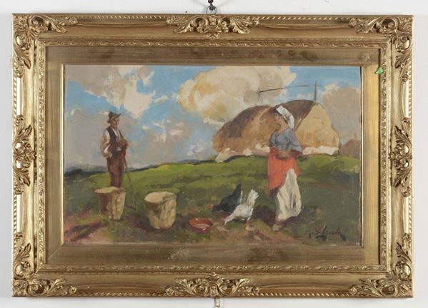 Anonimo del XIX-XX secolo Paesaggio con covoni, pastori e galline