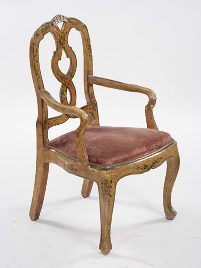 Poltrona in Legno Laccato a Fondo Giallo, Venezia XVIII-XIX Secolo