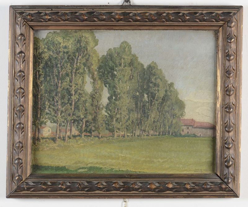 Anonimo del XX secolo Paesaggio con pioppi  - Asta Arredi dalle dimore degli eredi Ercole Marelli e altre provenienze - Cambi Casa d'Aste