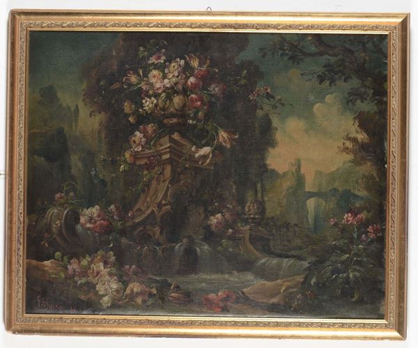 F.Bosso Capriccio architettonico con fiori