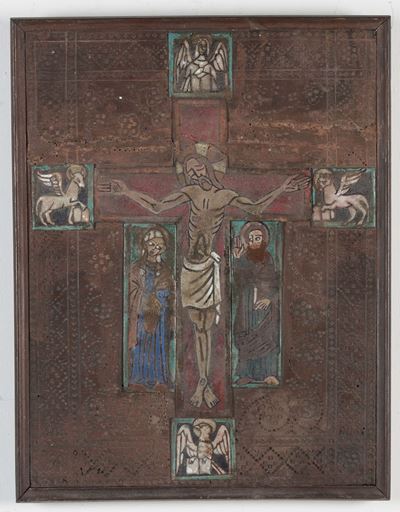 Quadro Raffigurante Crocifisso in Lamierino Smaltato su Sfondo Ligneo