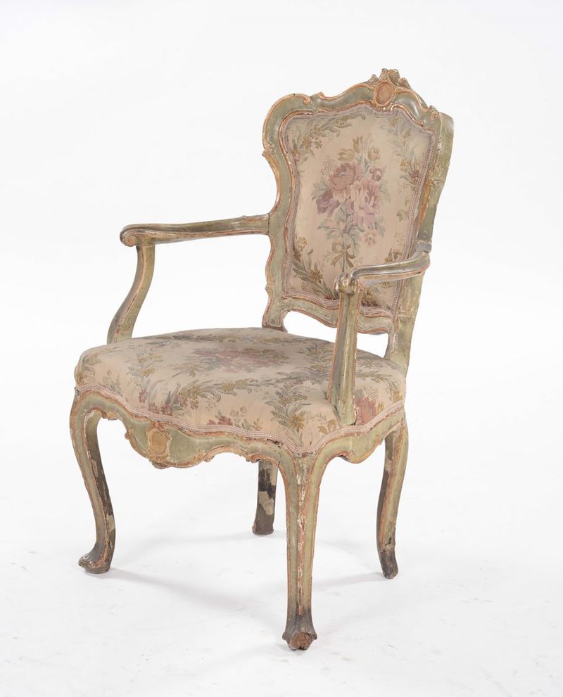 Poltrona in legno laccato, Venezia XVIII secolo  - Auction Furnishings from the mansions of the Ercole Marelli heirs and other property - Cambi Casa d'Aste
