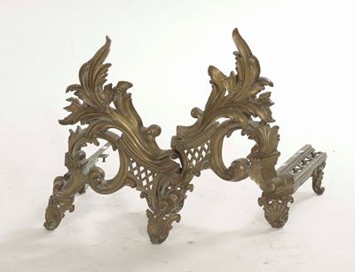 Coppia di Alari a Volute in Bronzo Dorato, Inizio XX Secolo