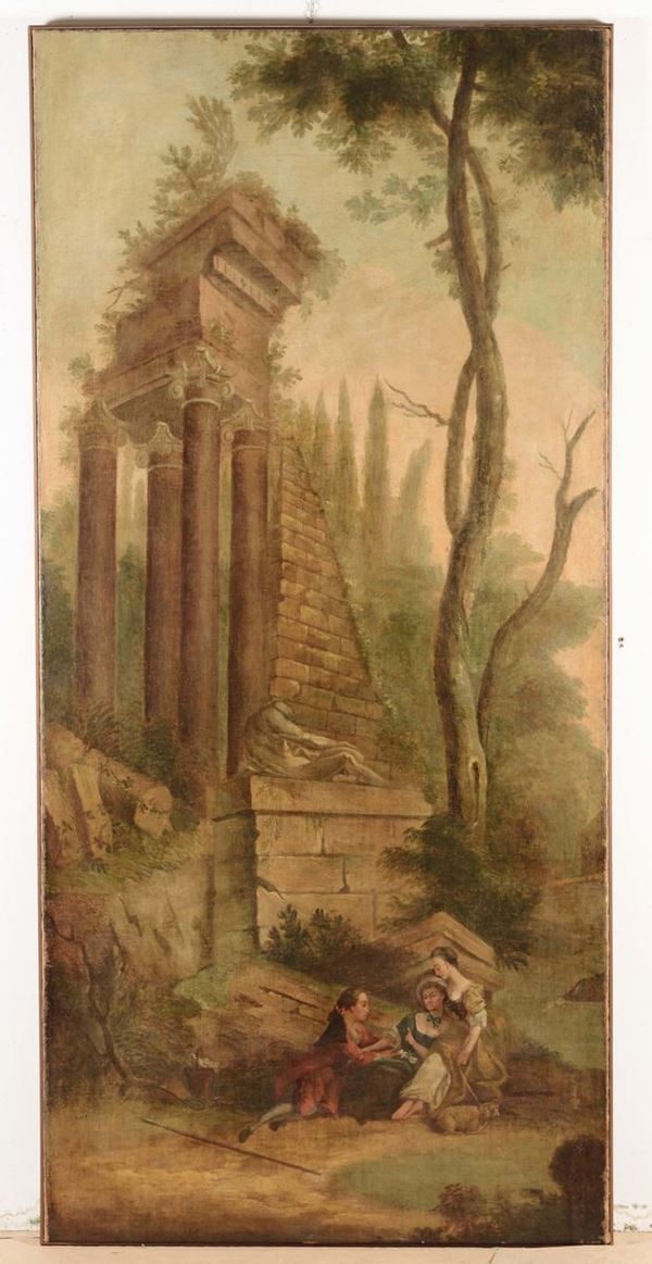 Anonimo del XIX secolo Capriccio architettonico con figure e paesaggio fluviale
