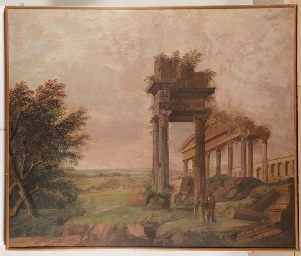Anonimo del XIX secolo Capriccio architettonico con rovine, acquedotto sullo sfondo e figure