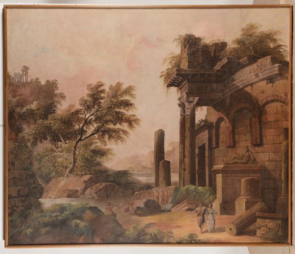 Anonimo del XIX secolo Capriccio architettonico con scena galante