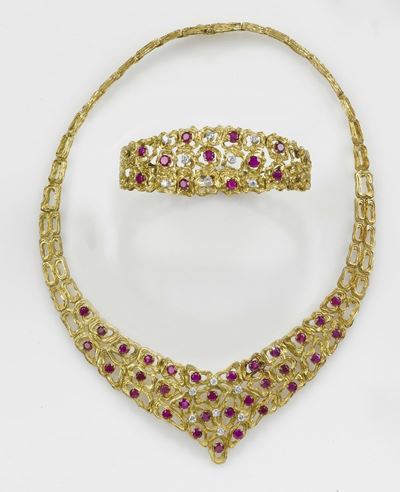Parure Composta da Bracciale e Girocollo con Rubini e Diamanti