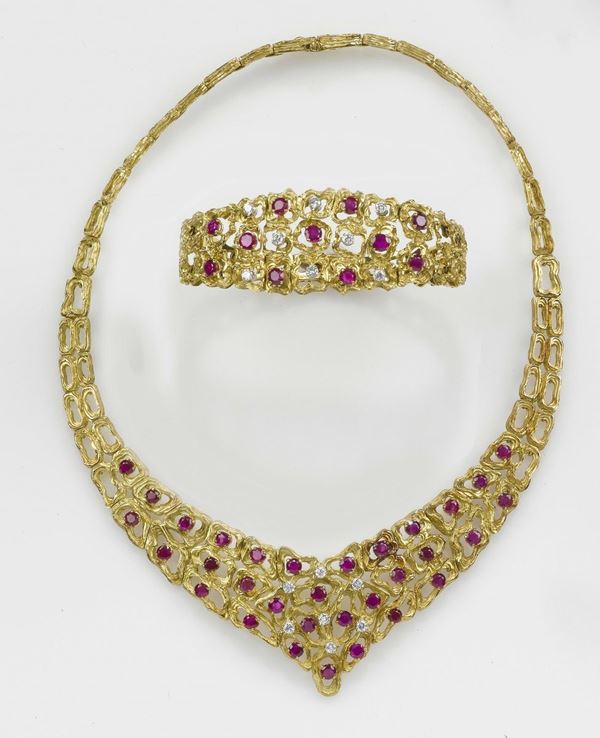 A parure composed of ruby and diamond bracelet and necklace