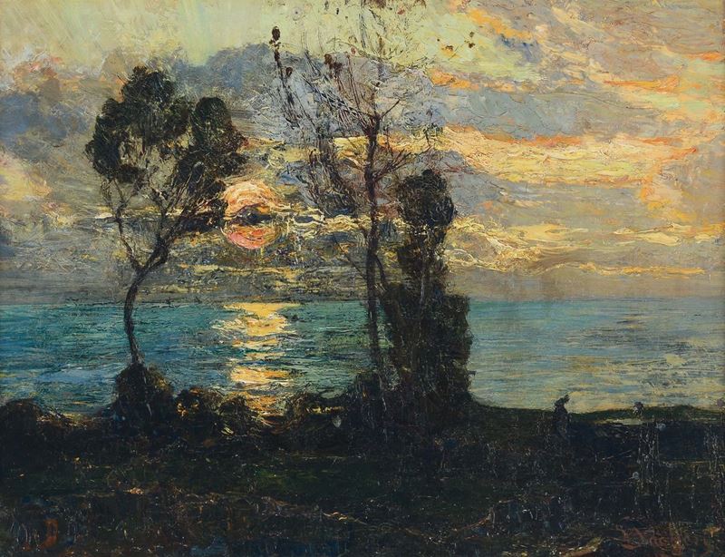Giuseppe Sacheri (Genova 1863 - Pianfei 1950) Marina al tramonto  - Asta Dipinti del XIX e XX secolo - Cambi Casa d'Aste