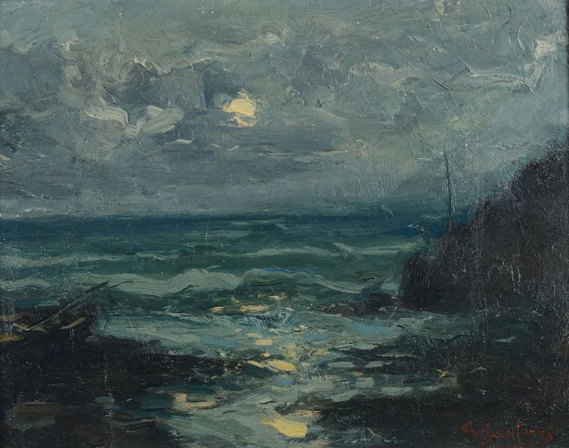 Giuseppe Sacheri (Genova 1863 - Pianfei 1950) Marina notturna  - Auction 19th and 20th century paintings - Cambi Casa d'Aste