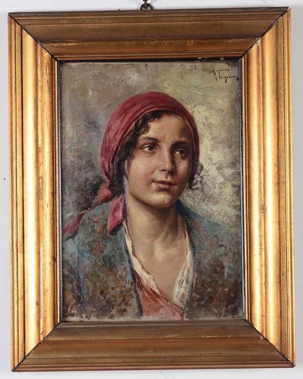 Dipinto raffigurante popolana firmato A.Frigerio
