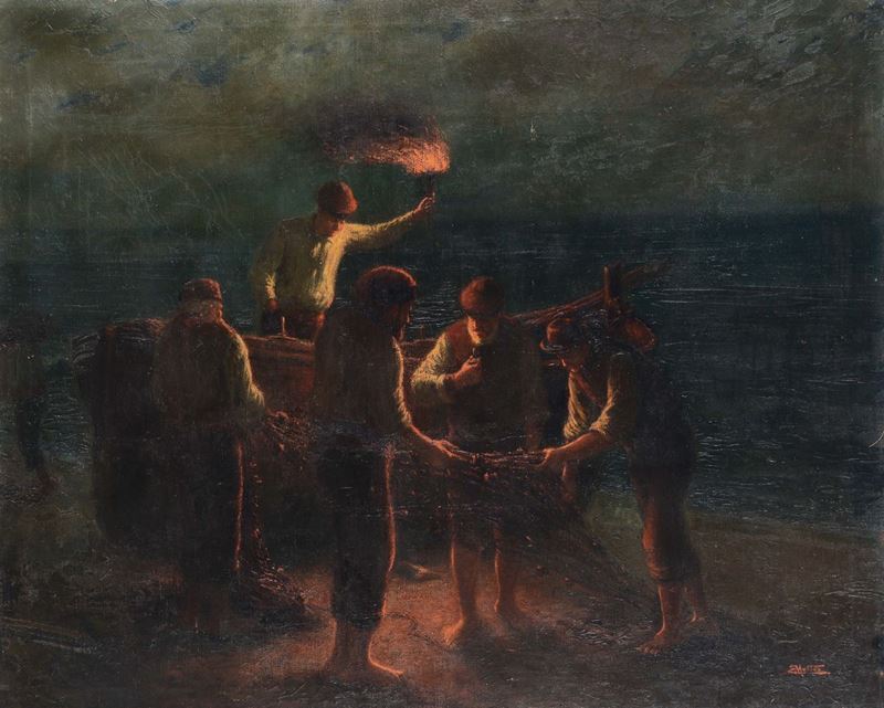 Ettore Morteo (Alassio 1874 - Genova 1939) Notturno su spiaggia  - Asta Dipinti del XIX e XX secolo - Cambi Casa d'Aste