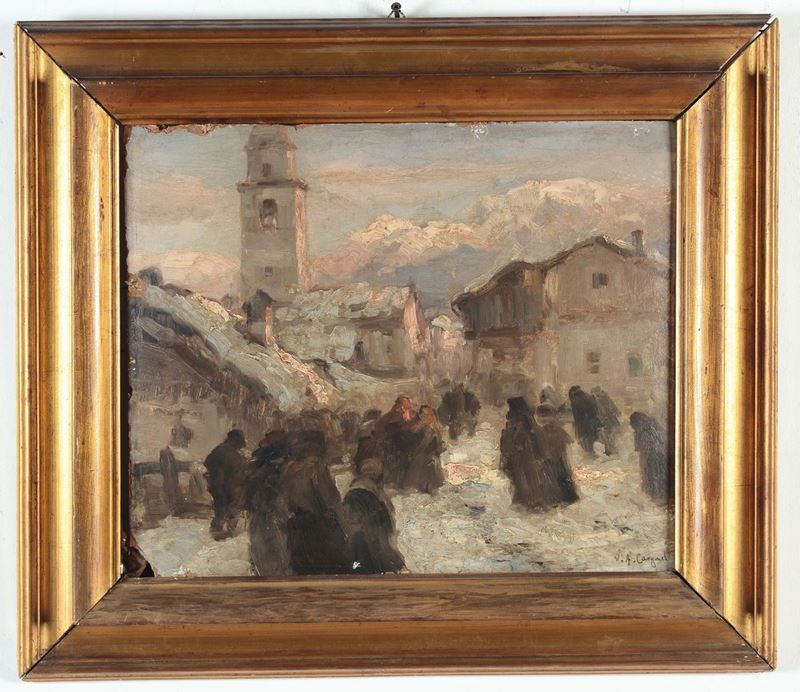 Vittore Antonio Cargnel (1872-1931) Paesaggio invernale  - Asta Arredi dalle dimore degli eredi Ercole Marelli e altre provenienze - Cambi Casa d'Aste
