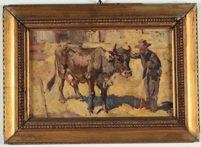 Alfredo Vaccari (1877-1933) Pastore con mucca  - Asta Arredi dalle dimore degli eredi Ercole Marelli e altre provenienze - Cambi Casa d'Aste