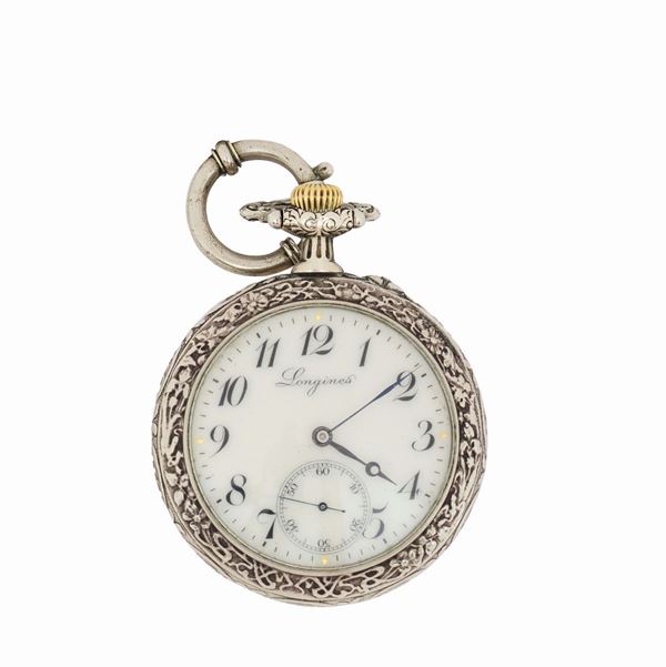 Longines, movement No. 1468452, metal pocket watch with chain. Made in 1900.