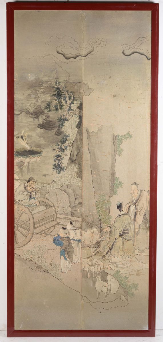 Due Dipinti su Carta Raffiguranti Scene di Vita Comune ed Iscrizioni, Cina, Dinastia Qing, XIX Se...