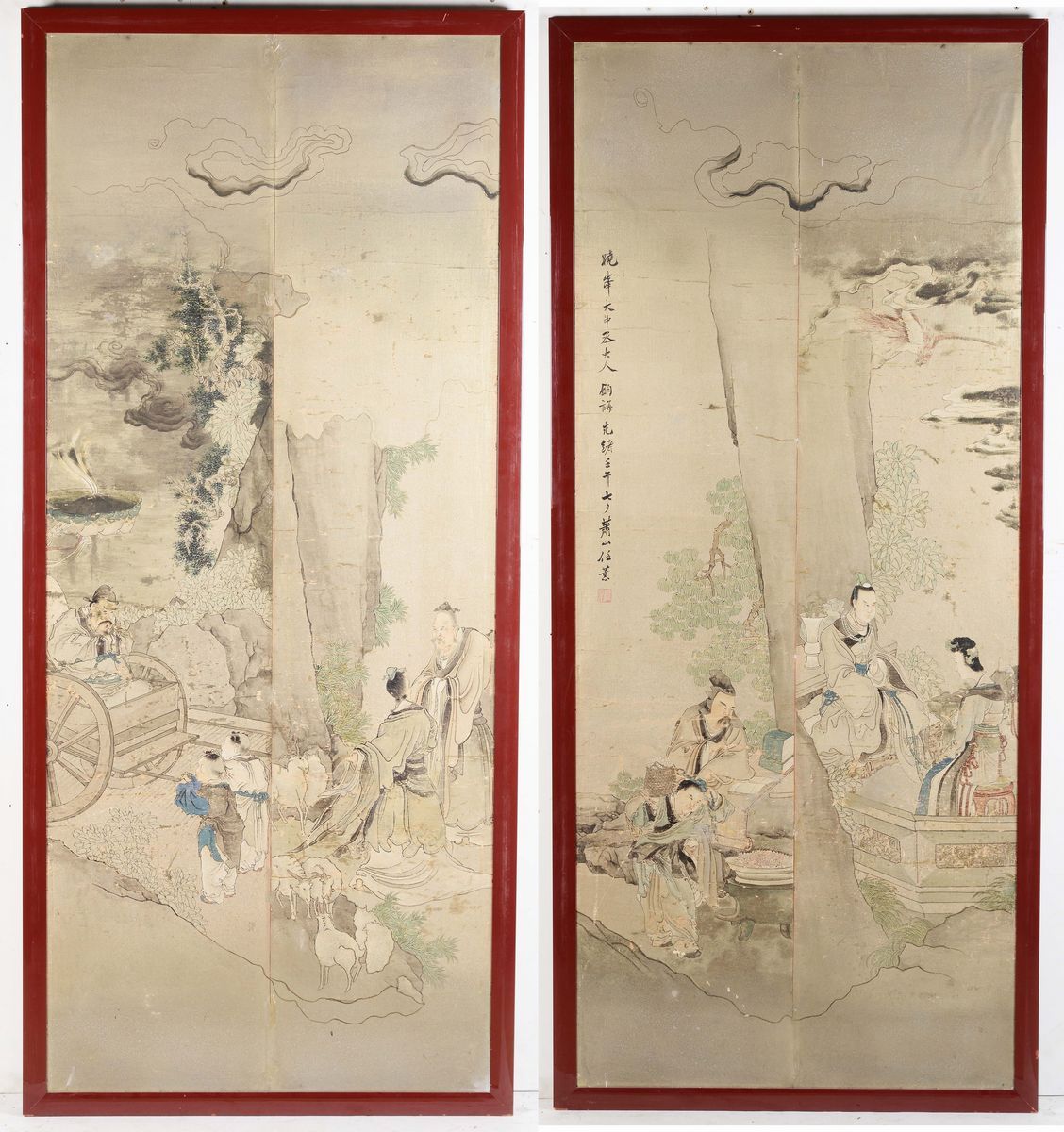 Due Dipinti su Carta Raffiguranti Scene di Vita Comune ed Iscrizioni, Cina, Dinastia Qing, XIX Se...