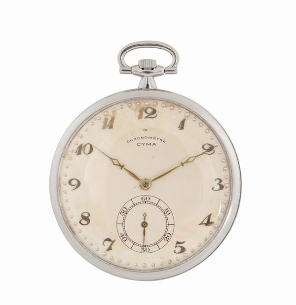 Cyma, case no. 4486795, platinum keyless pocket watch. Made in the 1930's