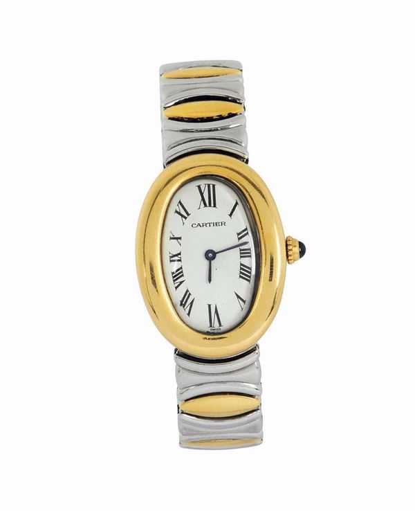 Cartier, Baignoire, case No. 8057910-0349, oval shaped, stainless steel and yellow gold quartz lady's wristwatch with a steel and gold Cartier fancy bracelet. Made in the 1990's.