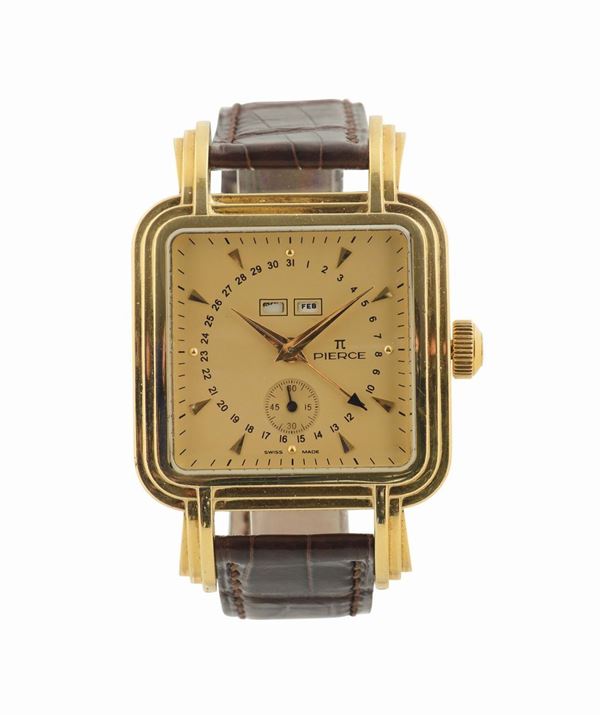 PIERCE, orologio da polso, in oro giallo 18K, con triplo calendario e fibbia originale in oro.Realizzato nel 2000.