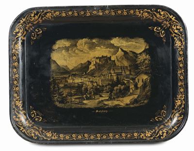 Lotto di Cinque Vassoi Laccati in Metallo Laccato, XVIII-XIX Secolo
