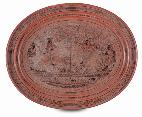 Lotto di sette vassoi laccati in metallo laccato e legno, XVIII-XIX secolo